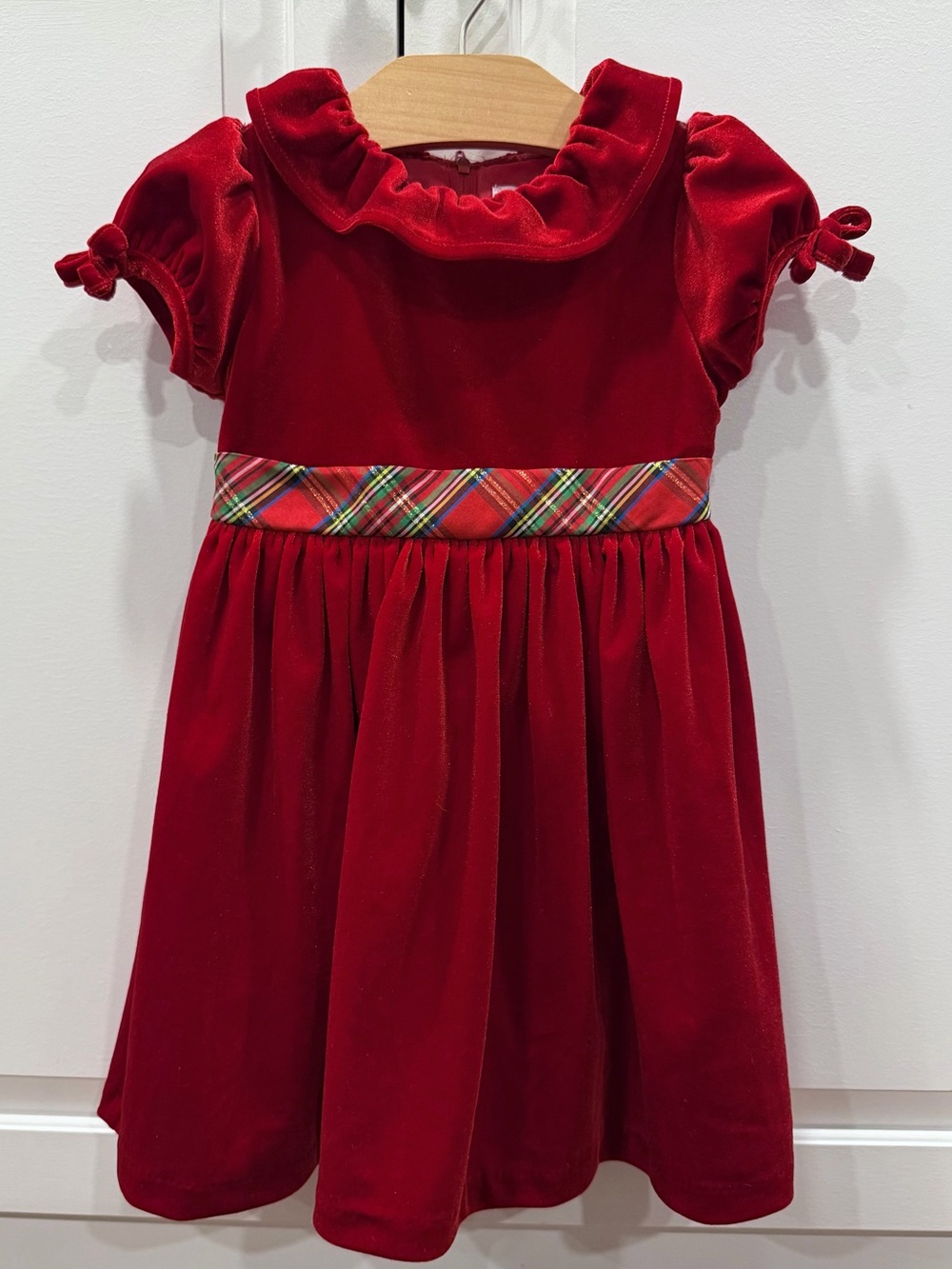 Biscotti Red Velvet Holiday Dress with Green Plaid Sash, Size 3T